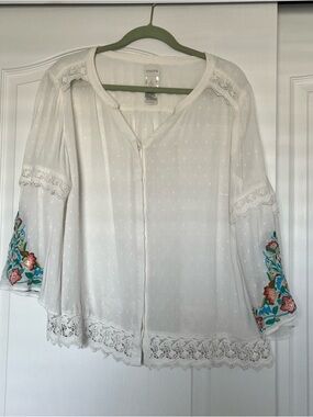 Chico's White Boho Blouse with Multicolor Floral Sleeve Embroidery